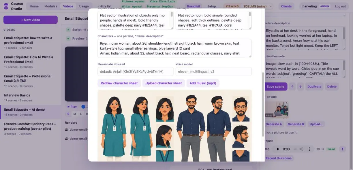 A generated character sheet showing one character from several angles