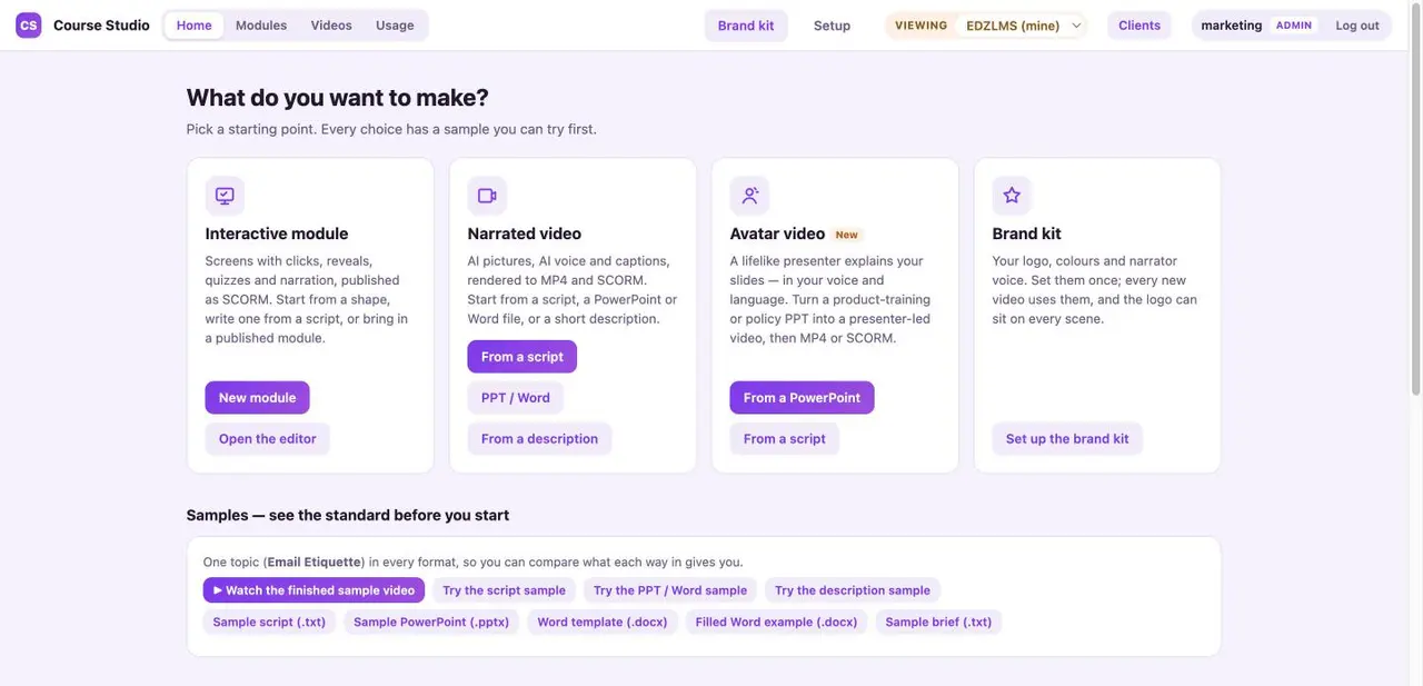 The Course Studio home page with four cards: Interactive module, Narrated video, Avatar video, Brand kit