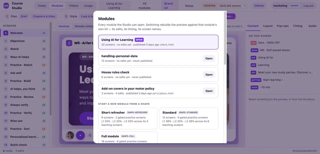 The Modules dialog listing existing modules and three shapes to start from