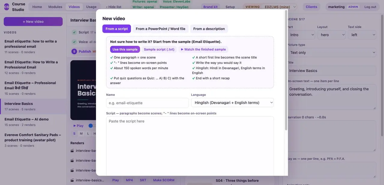 The New video dialog on the From a script tab, with the rules for writing a script