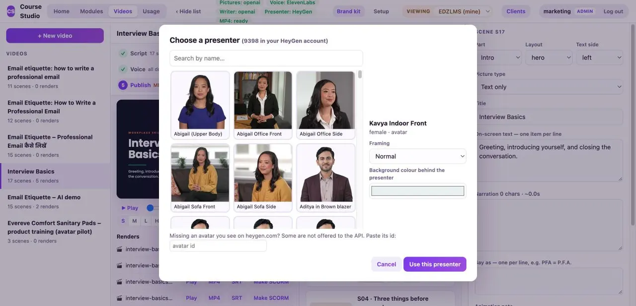 The presenter picker: a search box, a grid of avatar photographs, and the selected avatar's name, gender, framing and background colour
