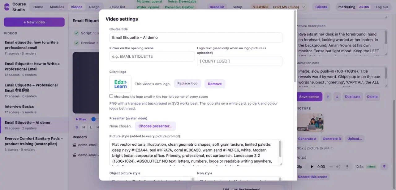The Video settings dialog with course title, kicker, logo, presenter and style fields