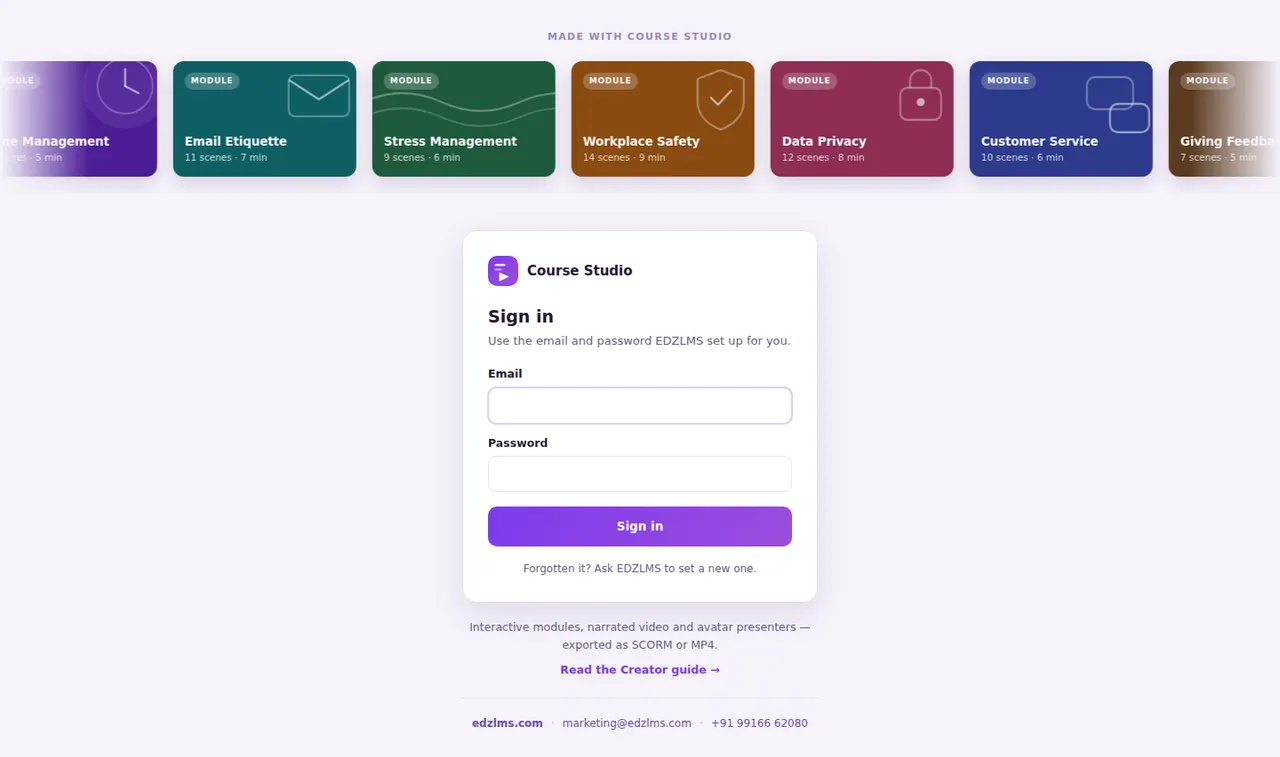 The Course Studio sign-in page, with a row of module covers above the sign-in card
